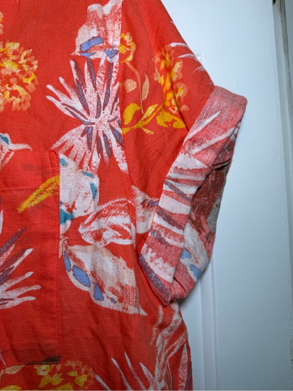Gap Woman’s XL Camp Shirt Bright Orange Yellow Floral Linen Classic Tropical - Picture 4 of 9